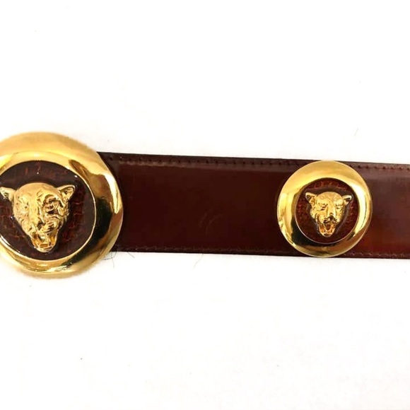 Vintage Escada Tiger Head Belt Brown Patent Leather Gold Medallion sz 38 - Picture 3 of 7